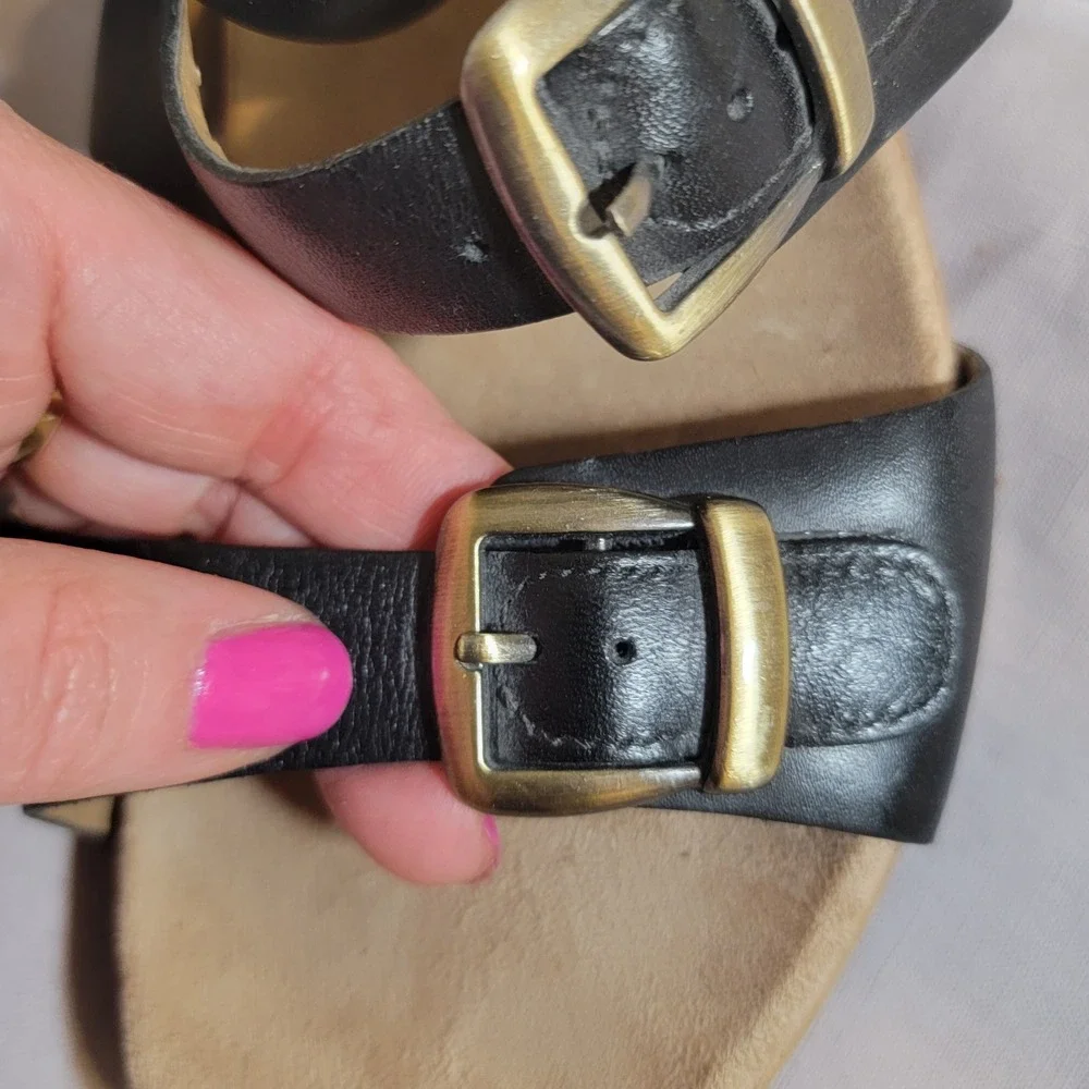 Dansko Lou Black Leather Double Buckle Strap Wedge Sandals Ankle Wrap 41 10.5-11